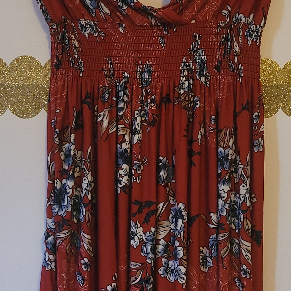 Sundress Rust/ not ORANGE with blue & White flowers waist elasticity  Lg-xlg